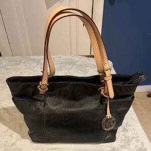 Michael Kors Black Shoulder Bag with Tan Handles and gold interior